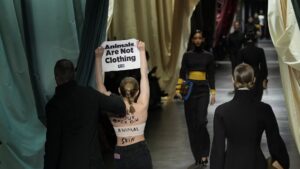 Ativista invade passarela da Semana de Moda de Milão para protestar contra uso de pele